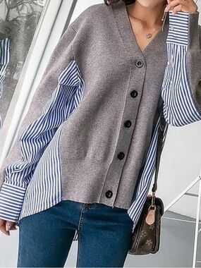 Grey V-Neck Button Front Cardigan with Blue Stripe Detail